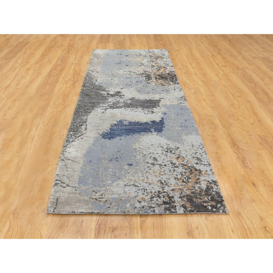 Modern and Contemporary Wool & Silk Hand Knotted Rug Grey No Border 2.9X9.8 -O058455