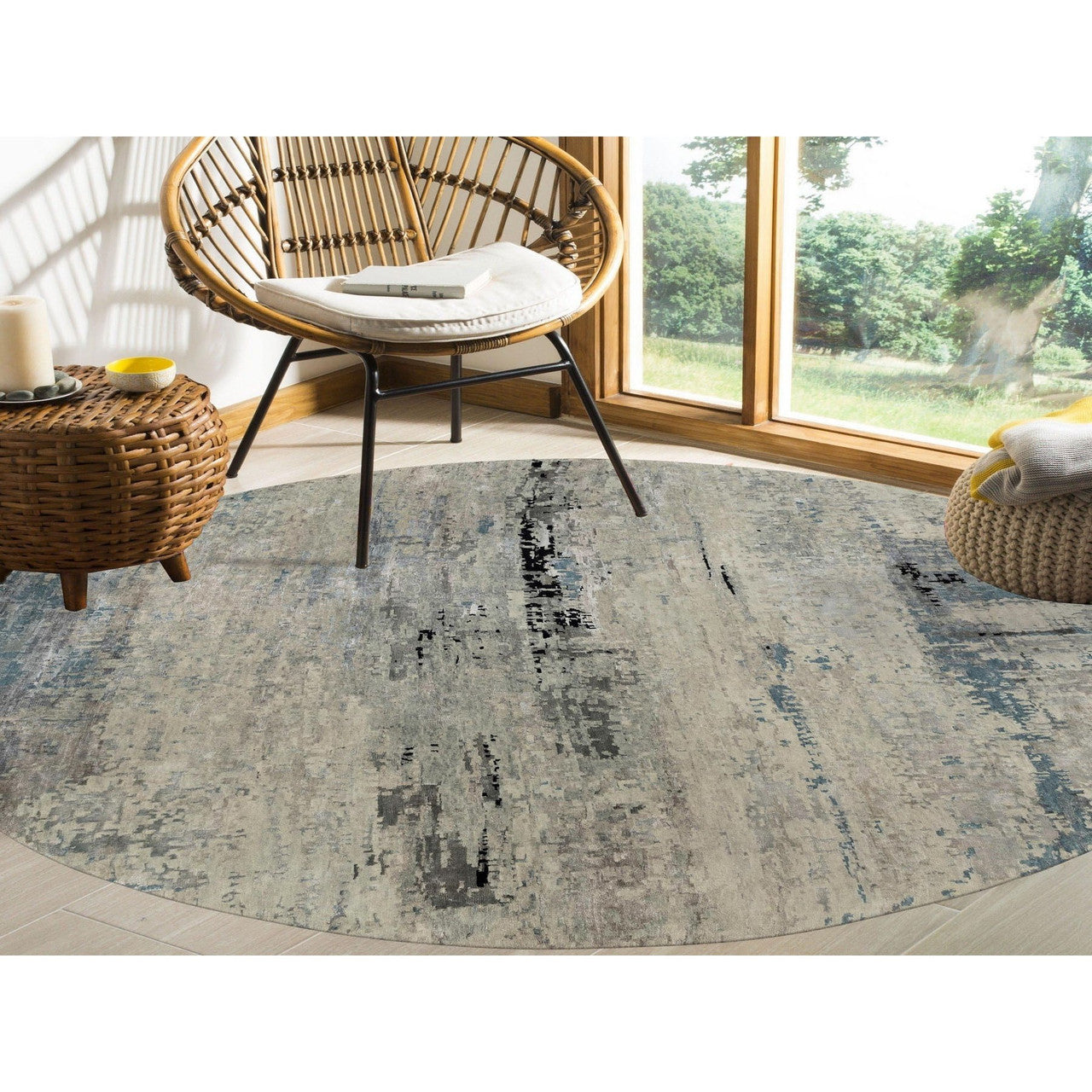 Modern and Contemporary Wool & Silk Hand Knotted Rug Grey No Border 10.0X10.0 -O058480