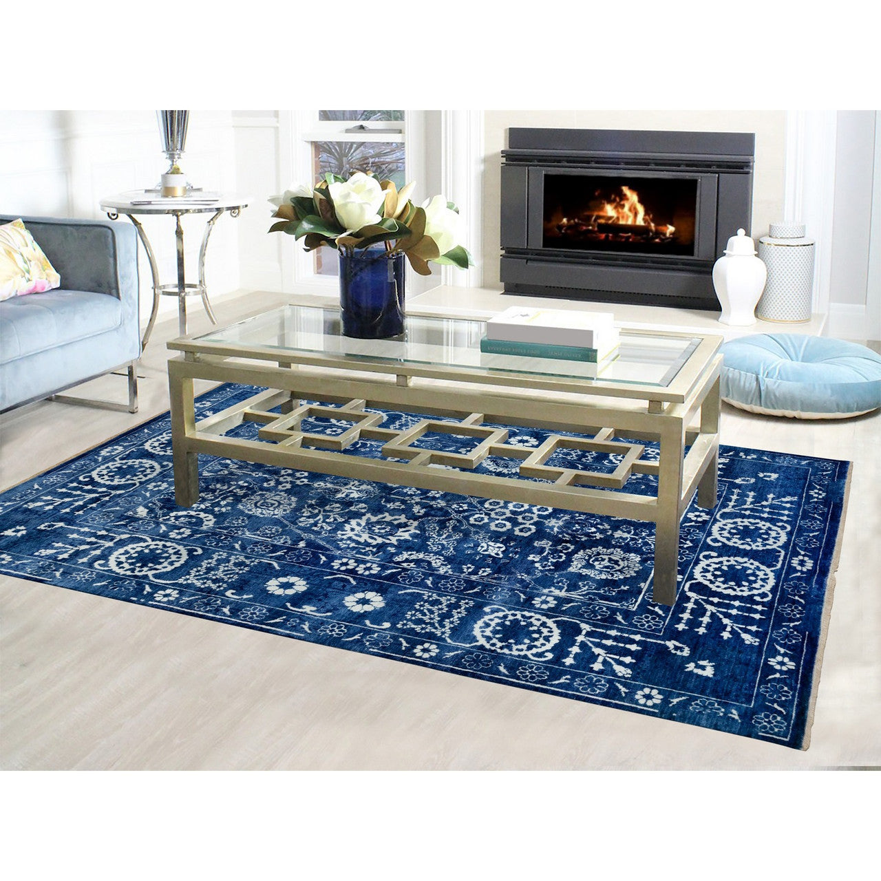 Transitional Wool & Silk Hand Knotted Rug Blue Dress Blue 6.2X9.0 -O058535