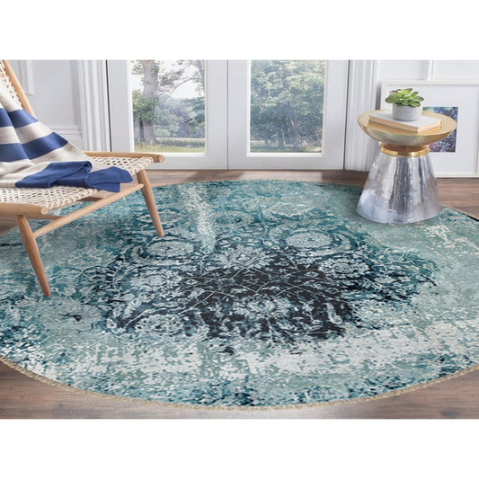 Transitional Wool & Silk Hand Knotted Rug Blue No Border 8.8X8.8 -O058549