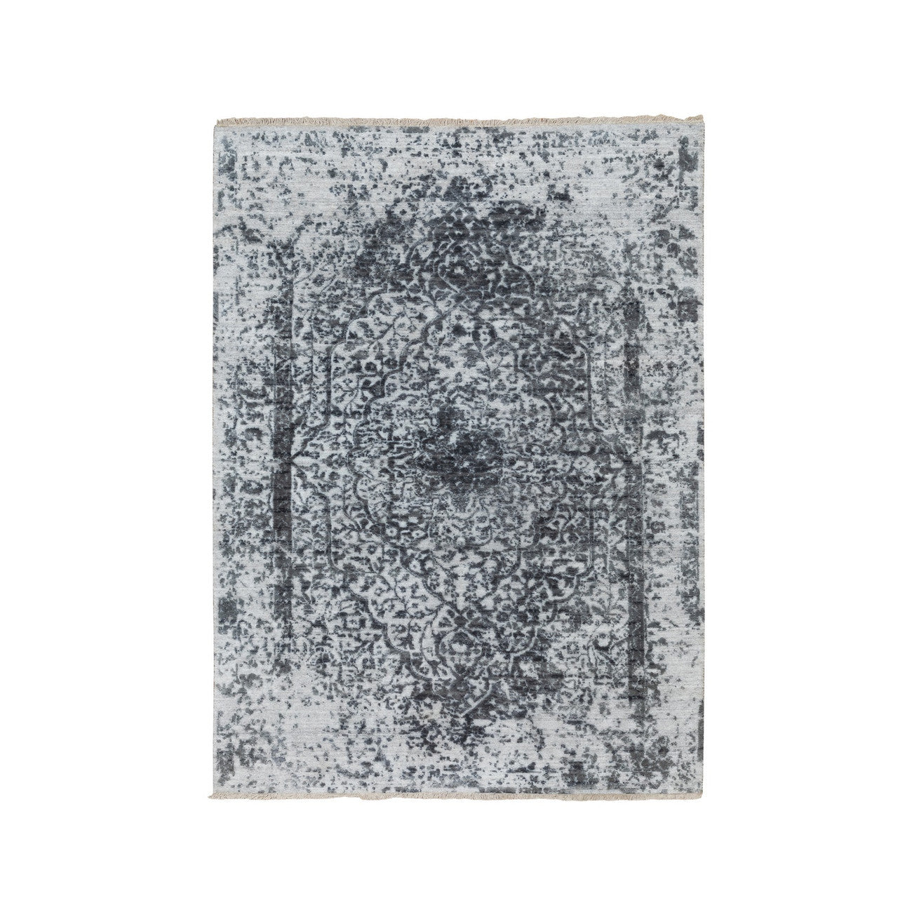 Transitional Wool & Pure Silk Hand Knotted Rug Grey No Border 4.1X6.0 -O058553