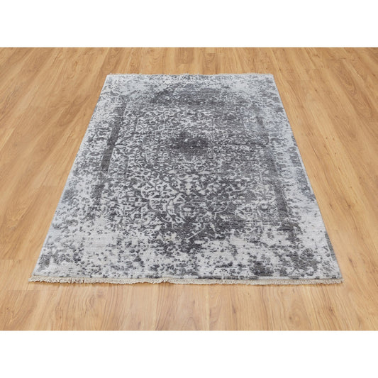 Transitional Wool & Pure Silk Hand Knotted Rug Grey No Border 4.1X6.0 -O058553