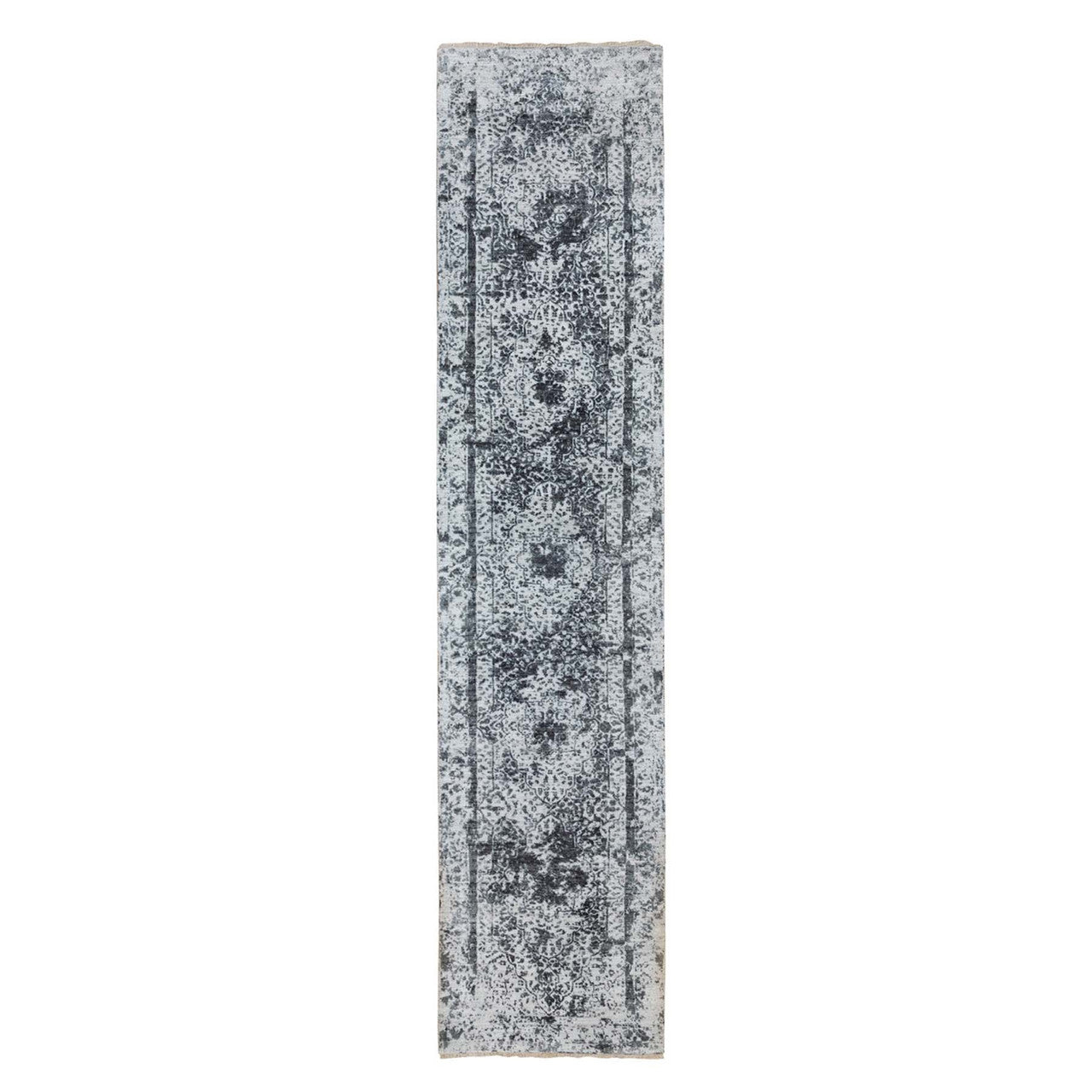 Transitional Wool & Silk Hand Knotted Rug Grey No Border 2.7X12.0 -O058556