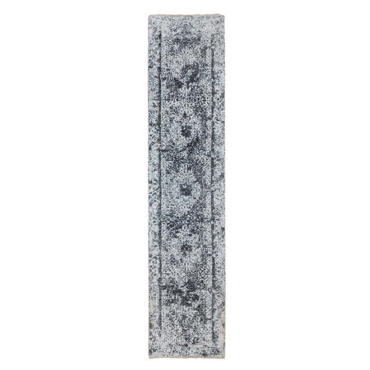 Transitional Wool & Silk Hand Knotted Rug Grey No Border 2.7X12.0 -O058556