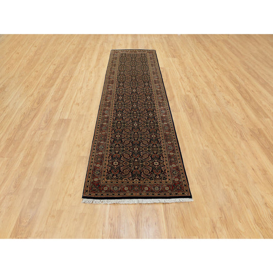 Fine Oriental Wool Hand Knotted Rug Black Rust Red 2.8X10.6 -O058639