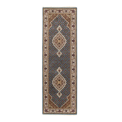 Fine Oriental Wool & Silk Hand Knotted Rug Blue Ivory 2.7X8.7 -O058723