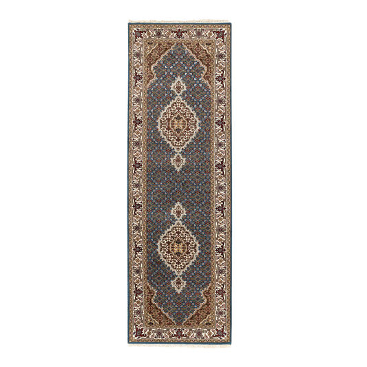 Fine Oriental Wool & Silk Hand Knotted Rug Blue Ivory 2.7X8.7 -O058723