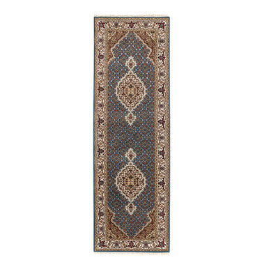 Fine Oriental Wool & Silk Hand Knotted Rug Blue Ivory 2.7X8.7 -O058723