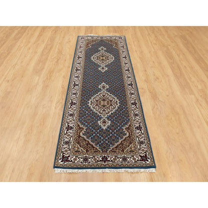 Fine Oriental Wool & Silk Hand Knotted Rug Blue Ivory 2.7X8.7 -O058723