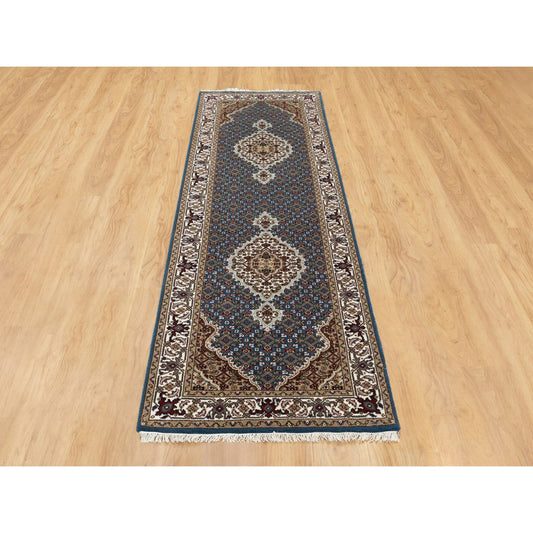 Fine Oriental Wool & Silk Hand Knotted Rug Blue Ivory 2.7X8.7 -O058723