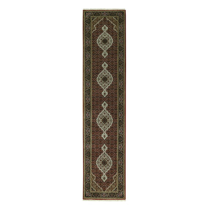 Fine Oriental Wool & Silk Hand Knotted Rug Red Black 2.7X12.1 -O058848
