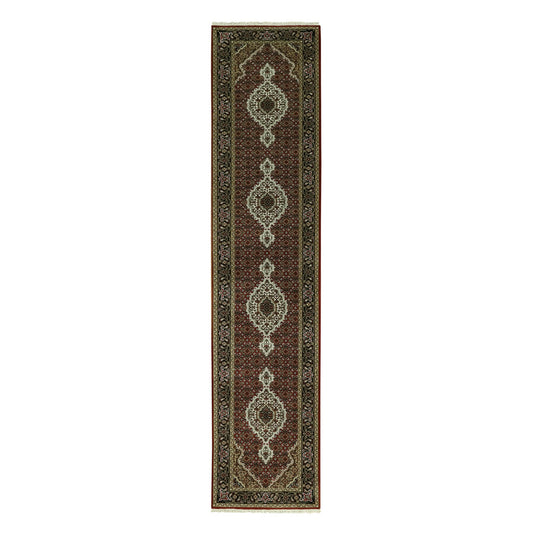 Fine Oriental Wool & Silk Hand Knotted Rug Red Black 2.7X12.1 -O058848