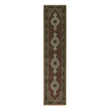 Fine Oriental Wool & Silk Hand Knotted Rug Red Black 2.7X12.1 -O058848