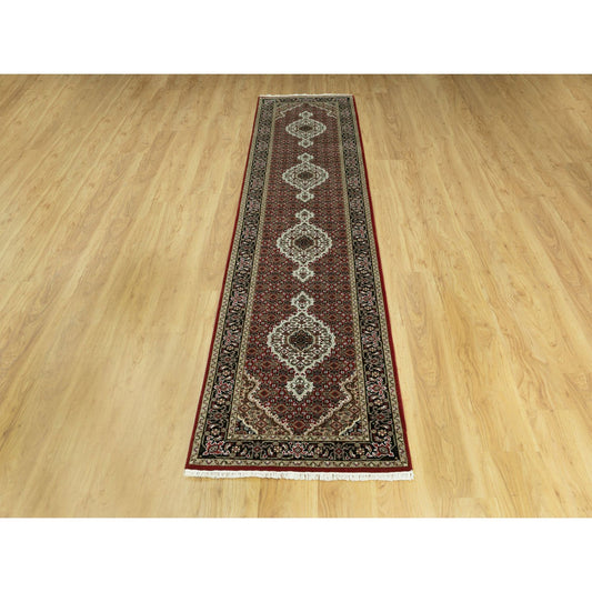 Fine Oriental Wool & Silk Hand Knotted Rug Red Black 2.7X12.1 -O058848