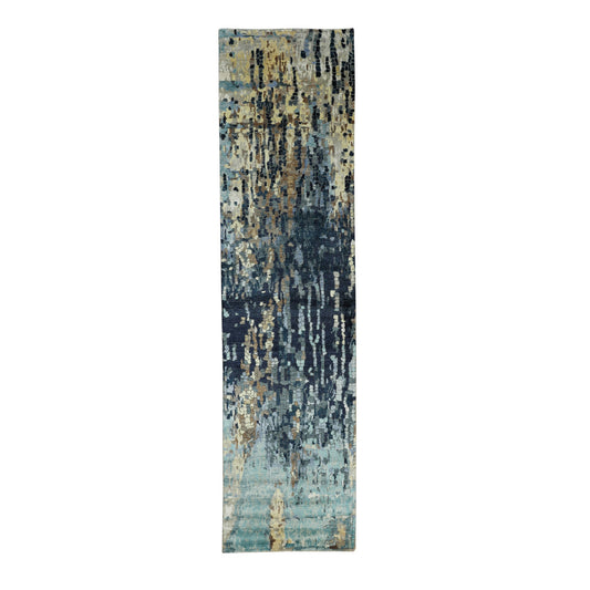Modern and Contemporary Wool & Silk Hand Knotted Rug Blue No Border 2.6X9.10 -O058873