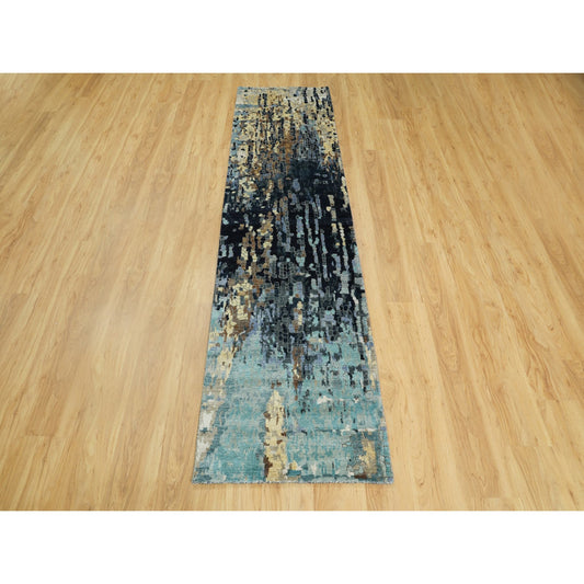Modern and Contemporary Wool & Silk Hand Knotted Rug Blue No Border 2.6X9.10 -O058873