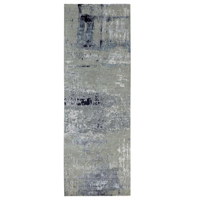 Modern and Contemporary Wool & Silk Hand Knotted Rug Grey No Border 4.0X10.0 -O058880