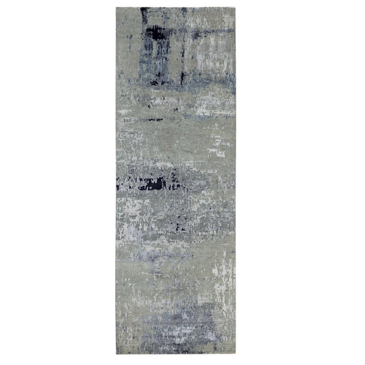Modern and Contemporary Wool & Silk Hand Knotted Rug Grey No Border 4.0X10.0 -O058880