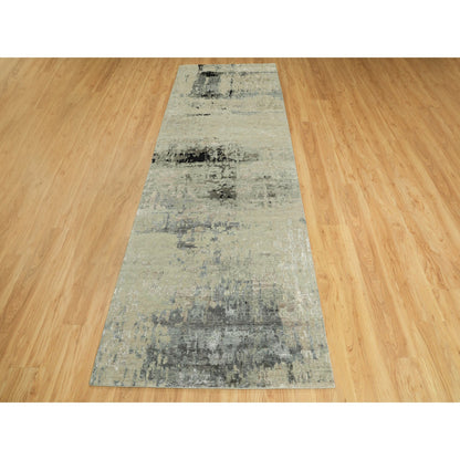 Modern and Contemporary Wool & Silk Hand Knotted Rug Grey No Border 4.0X10.0 -O058880