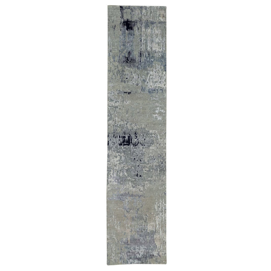 Modern and Contemporary Wool & Silk Hand Knotted Rug Grey No Border 2.9X12.0 -O058887
