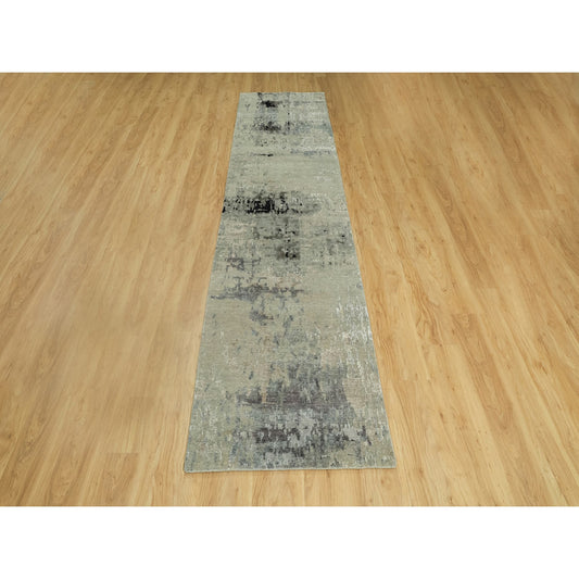 Modern and Contemporary Wool & Silk Hand Knotted Rug Grey No Border 2.9X12.0 -O058887