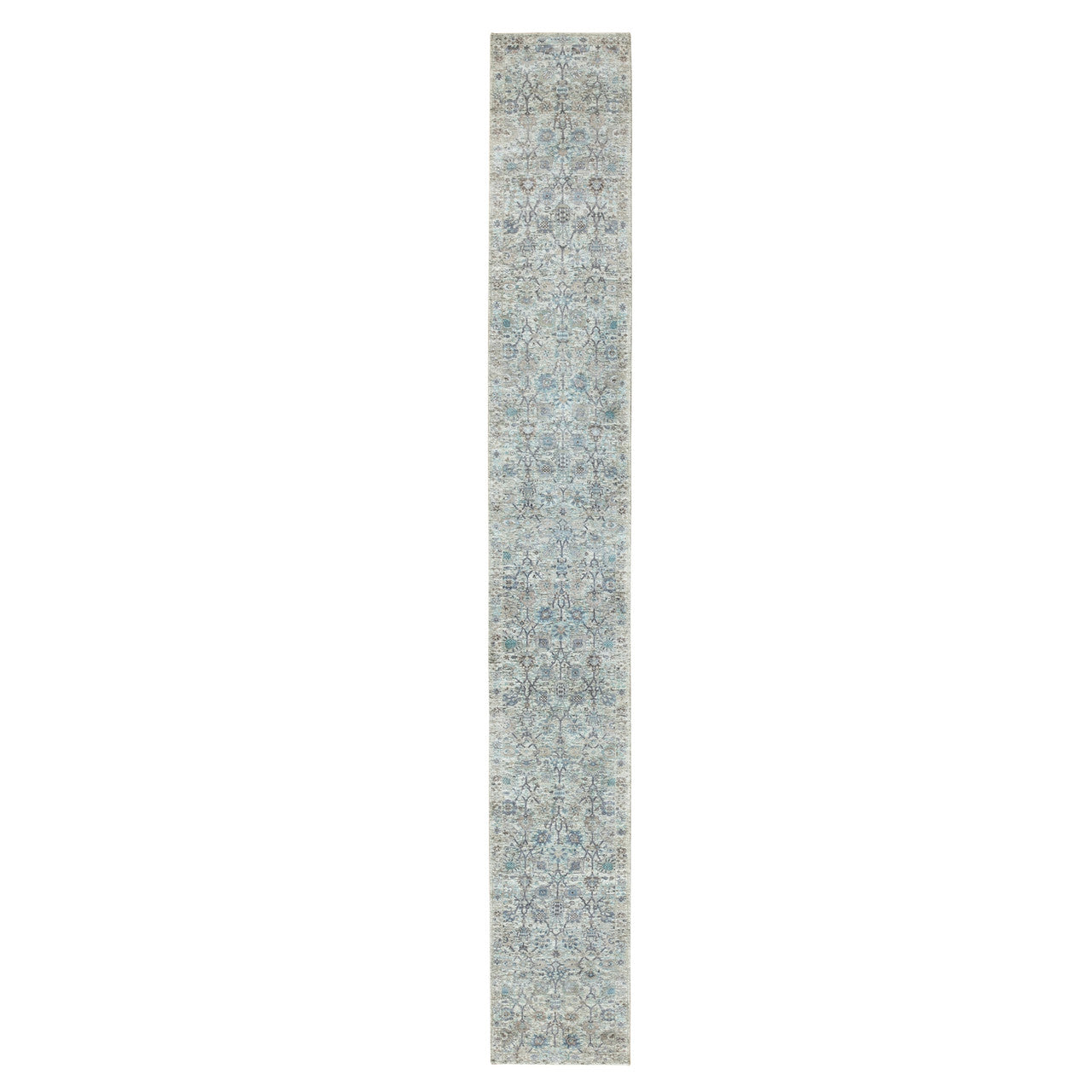Ivory 2'5" x 20'5" Transitional Hand knotted Wool/Silk Rug - Sku: O058946
