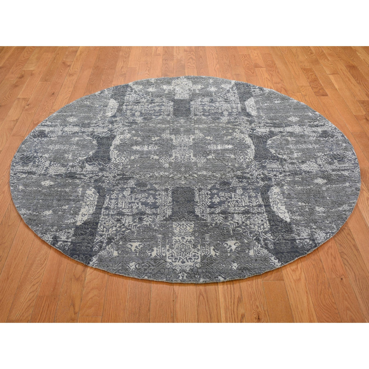 Transitional Wool & Silk Hand Knotted Rug Grey No Border 6.0X6.0 -O059002