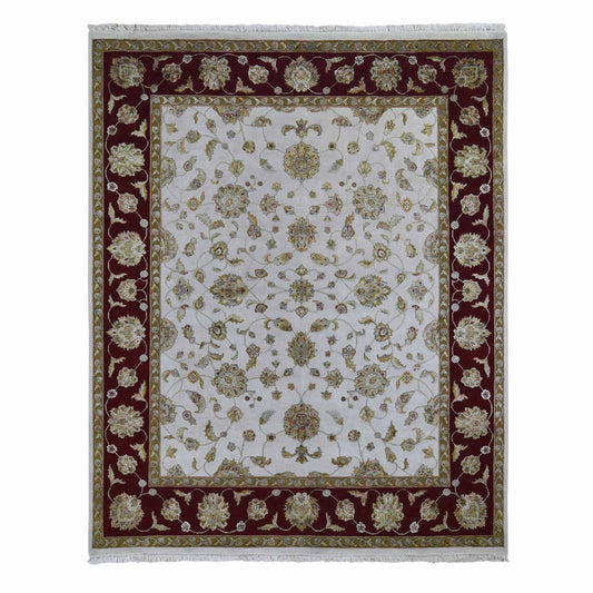 Rajasthan Wool & Silk Hand Knotted Rug Ivory Burgandy 8.0X10.0 -O059009