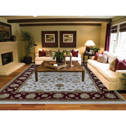 Rajasthan Wool & Silk Hand Knotted Rug Ivory Burgandy 8.0X10.0 -O059009