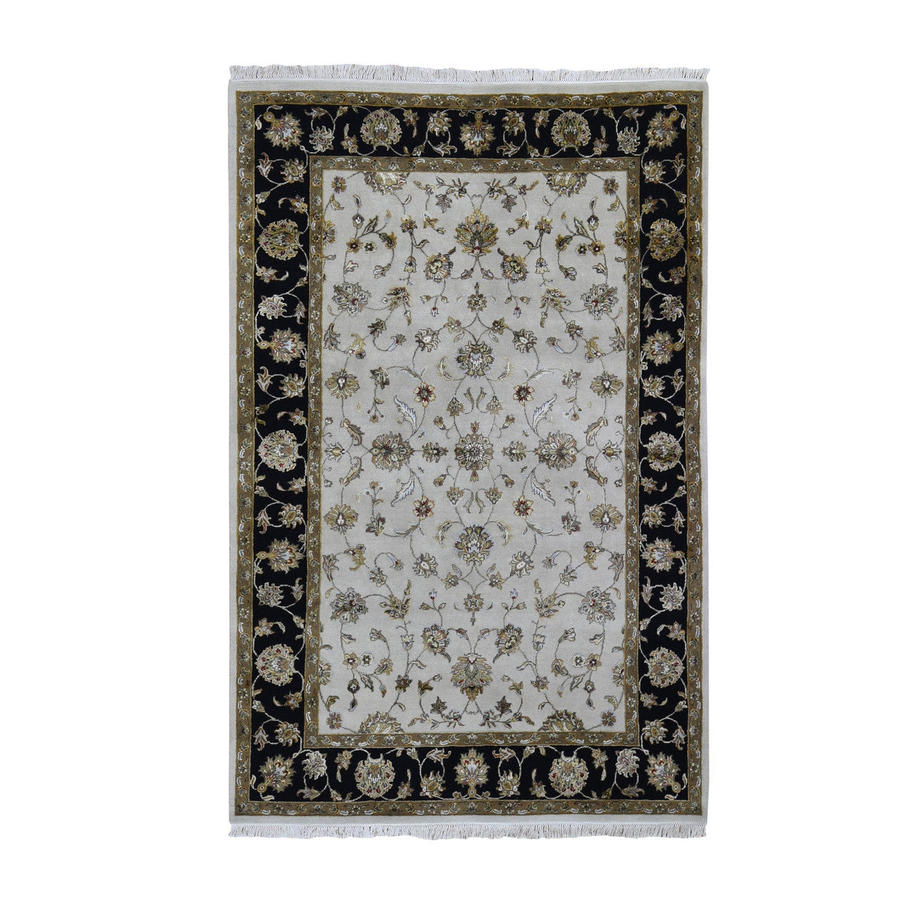 Rajasthan Wool & Silk Hand Knotted Rug Ivory Black 6.0X9.3 -O059016