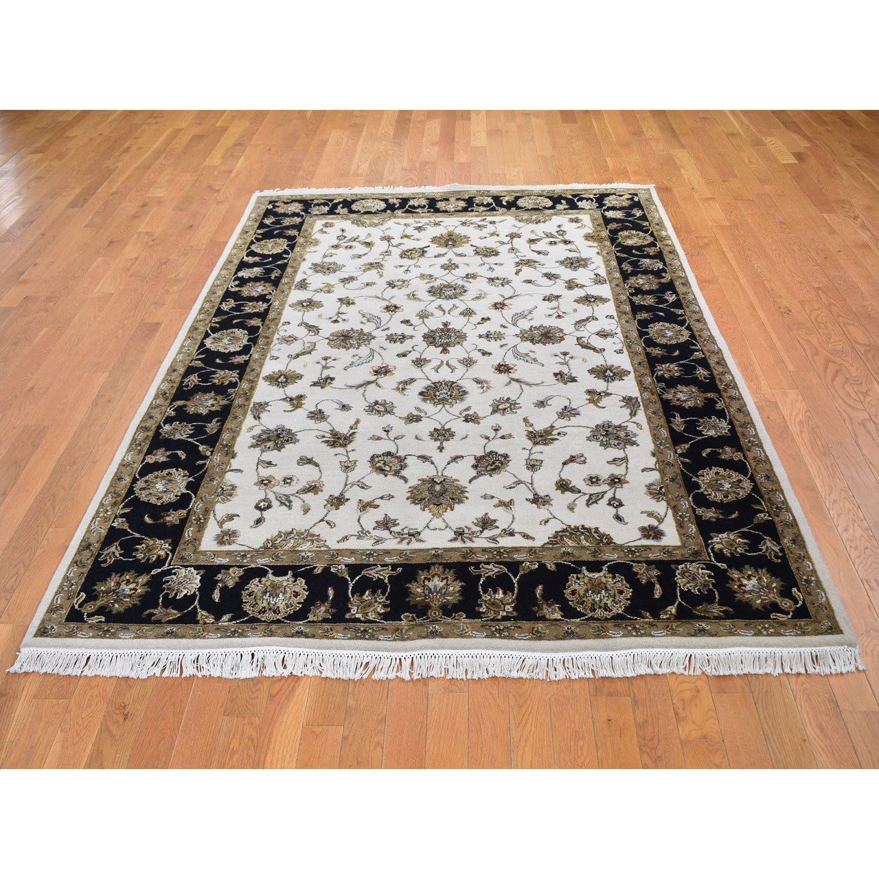 Rajasthan Wool & Silk Hand Knotted Rug Ivory Black 6.0X9.3 -O059016