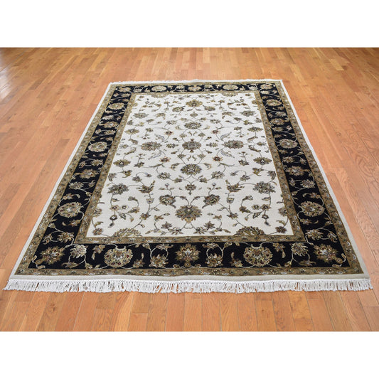 Rajasthan Wool & Silk Hand Knotted Rug Ivory Black 6.0X9.3 -O059016