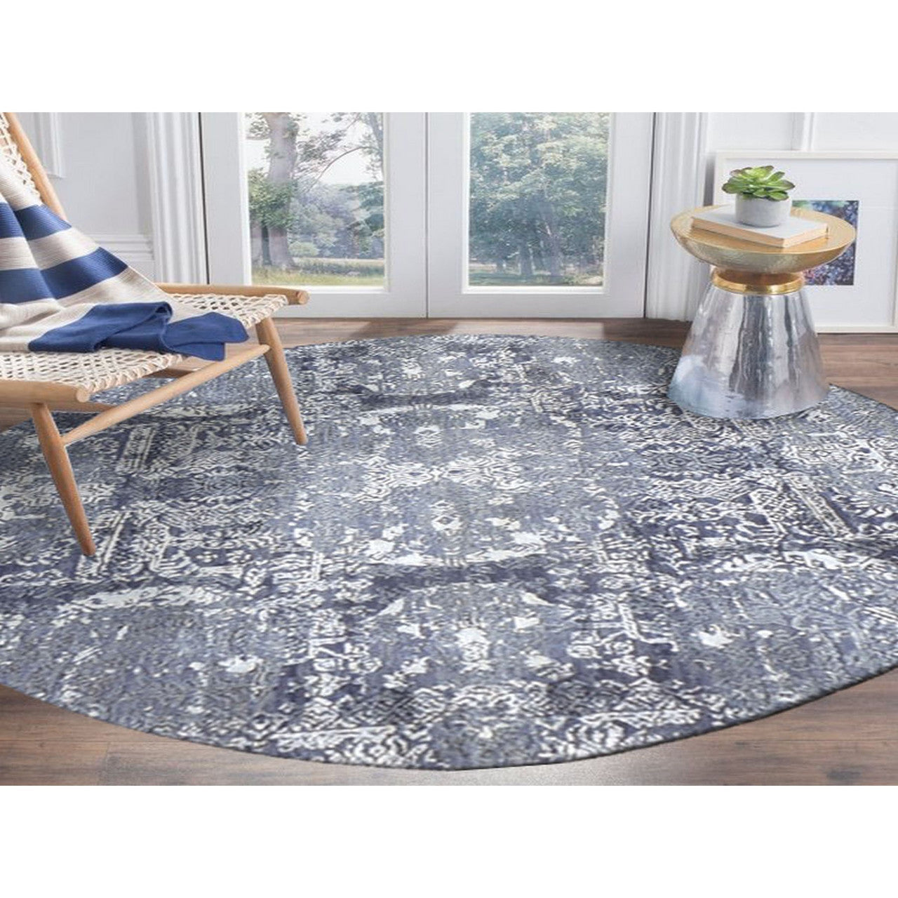 Transitional Wool & Silk Hand Knotted Rug Grey No Border 4.0X4.0 -O059025