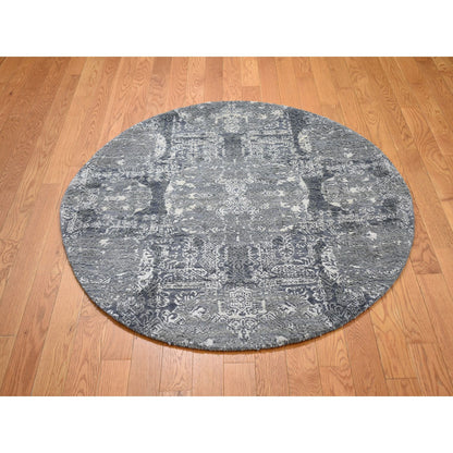 Transitional Wool & Silk Hand Knotted Rug Grey No Border 4.0X4.0 -O059025