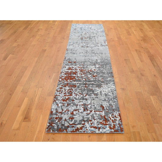 Modern and Contemporary Wool & Silk Hand Knotted Rug Grey No Border 2.5X12.0 -O059043