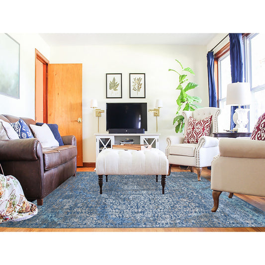 Modern and Contemporary Wool & Silk Hand Knotted Rug Blue True Navy 9.0X12.0 -O059057