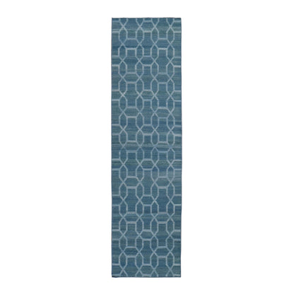 Flat Weave Wool Hand Woven Rug Blue No Border 2.7X9.8 -O059118
