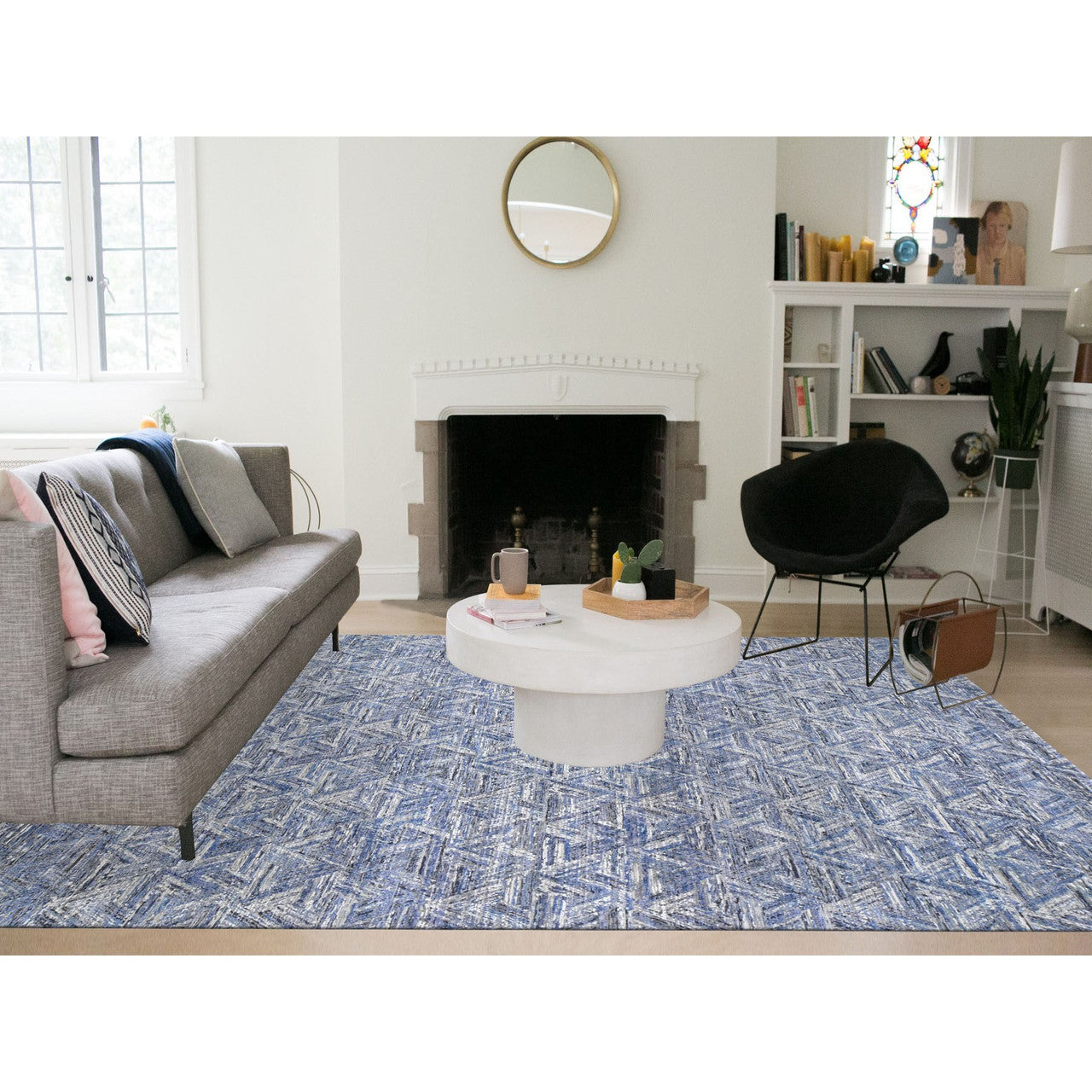 Modern and Contemporary Wool & Silk Hand Knotted Rug Blue No Border 8.9X12.3 -O059140