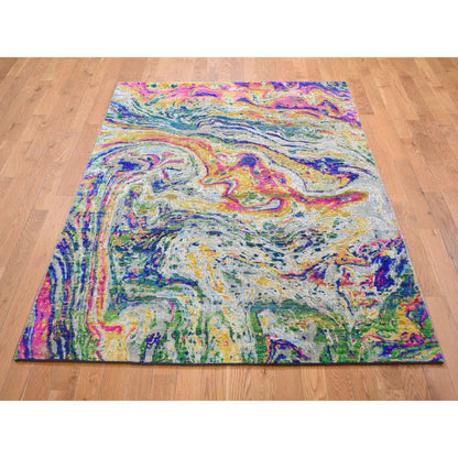 Transitional Wool & Sari Silk Hand Knotted Rug Yellow 4.9x6.7 -O059151