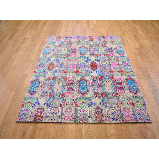 Modern and Contemporary Wool & Silk Hand Knotted Rug Yellow No Border 5.0X6.10 -O059152
