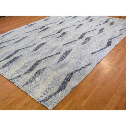 Modern and Contemporary Wool & Silk Hand Knotted Rug Grey No Border 10.0X14.0 -O059153