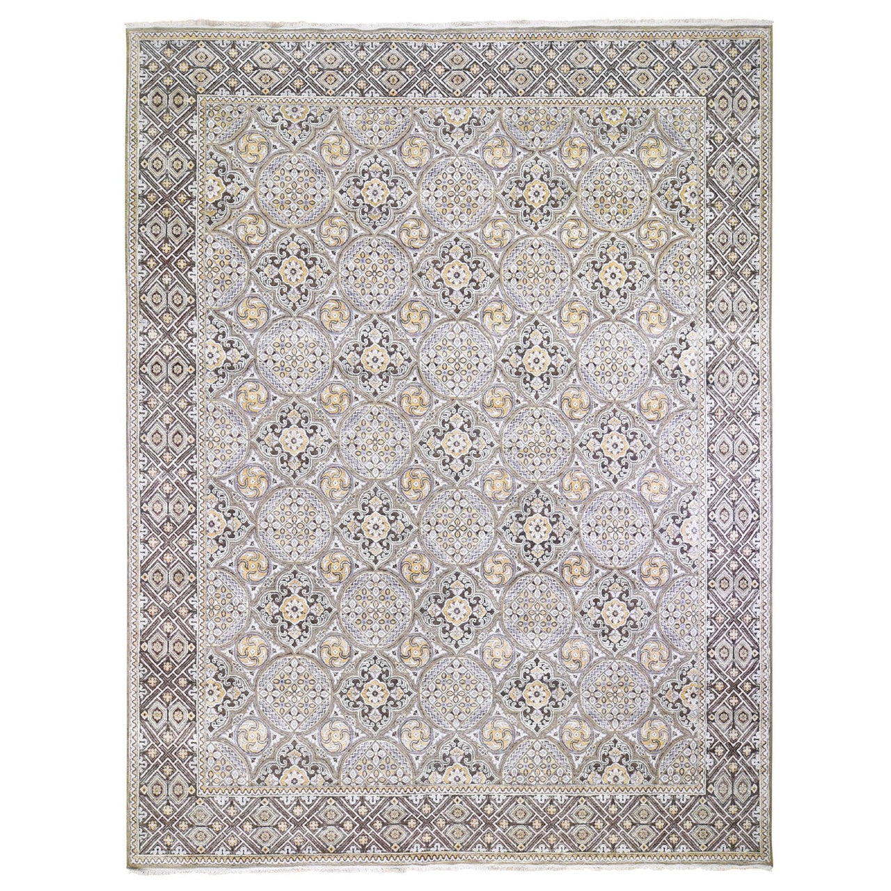 Transitional Wool & Silk Hand Knotted Rug Ivory Brown 12.0X15.5 -O059154