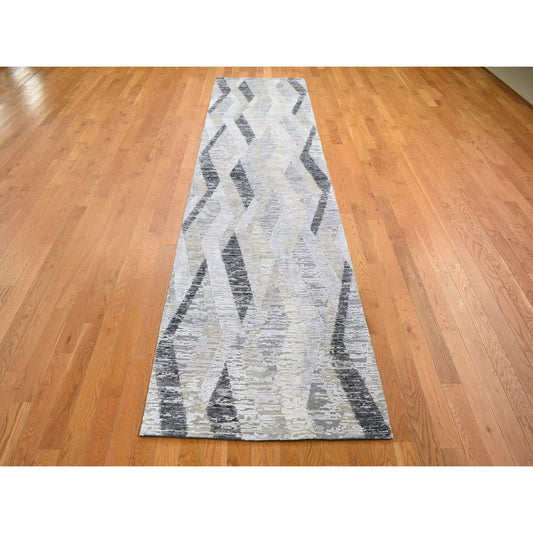 Modern and Contemporary Wool & Silk Hand Knotted Rug Grey No Border 3.0X12.0 -O059162