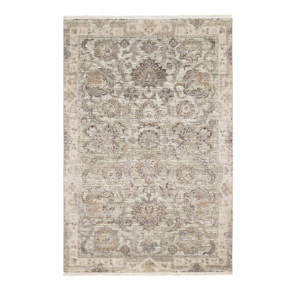 Oushak And Peshawar Wool & Silk Hand Knotted Rug Green Ivory 6.0X9.1 -O059164