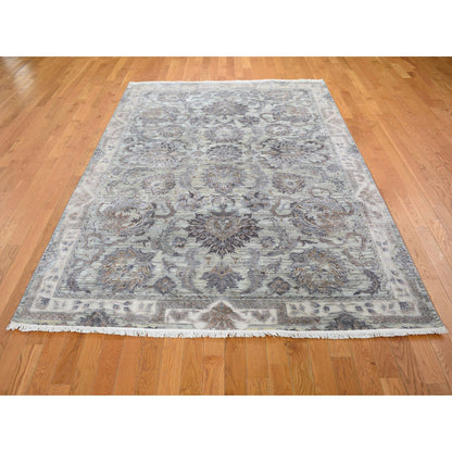 Oushak And Peshawar Wool & Silk Hand Knotted Rug Green Ivory 6.0X9.1 -O059164