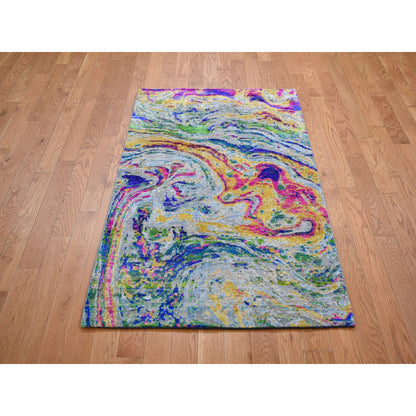 Modern and Contemporary Wool & Sari Silk Hand Knotted Rug Yellow No Border 3.0X5.0 -O059167