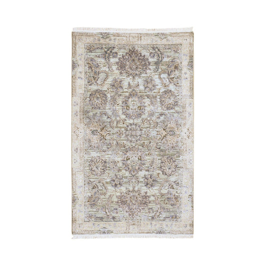 Oushak And Peshawar Wool & Silk Hand Knotted Rug Green Ivory 3.1X5.0 -O059169