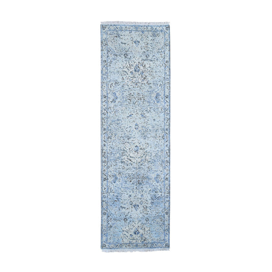 Transitional Wool & Silk Hand Knotted Rug Blue No Border 2.5X8.0 -O059171