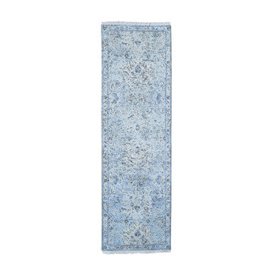 Transitional Wool & Silk Hand Knotted Rug Blue No Border 2.5X8.0 -O059171