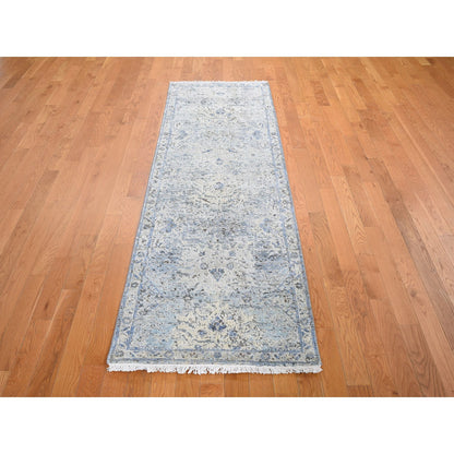 Transitional Wool & Silk Hand Knotted Rug Blue No Border 2.5X8.0 -O059171